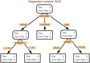 A sample decision tree that uses weather attributes to determine if a game will be played or not.  Image Credit: Wikipedia